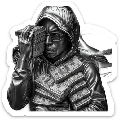 Create a chrome style iconic and bold icon version of the person in the reference image. The person should have light brown skin and natural facial features. The hoodie and clothing should be rendered in chrome style. Add Cartier glasses to the character. Replace the money with realistic, detailed, photorealistic US dollar bills. Place a Maybach car behind the person, all in a chrome style iconic and bold look. sticker