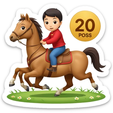 l little chinese baby riding on a  cute horse running really fast on the grass with 2026 year's label sticker