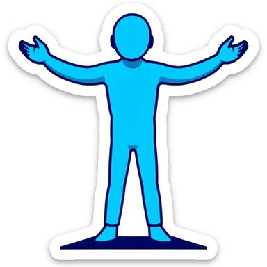 Person standing with arms outstretched in T-pose with 3D scanning blue light effect covering their body sticker