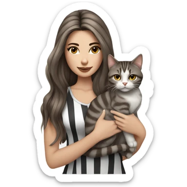 Beautiful brown haired tattooed woman holding gray and white striped long hair cat sticker