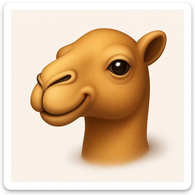 Edit the camel emoji to remove the hat, the green part of its neck, and the thing in or by its mouth. Keep all other details and style exactly like the iOS emoji style reference image. Add a soft shadow. sticker