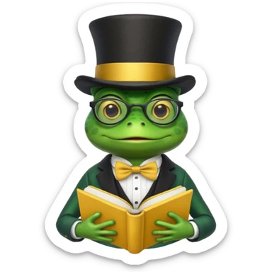 frog wearing top hat with glasses and yellow book sticker