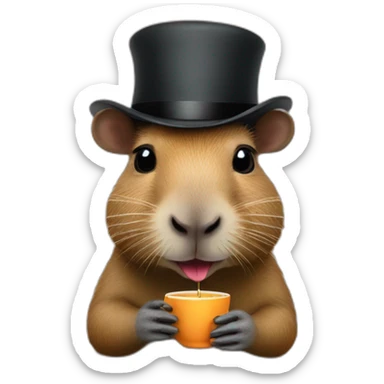 A capybara with an eyeglass and a bowler hat is sipping a cup of tea sticker
