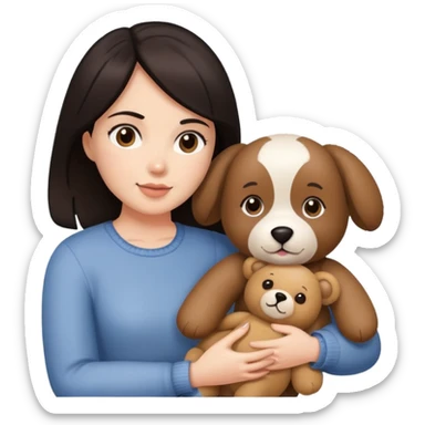 Woman with dark hair holding a teddy bear and pets sticker