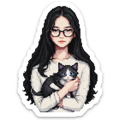 Beautiful girl with long black hair and glasses holding a white kitten sticker