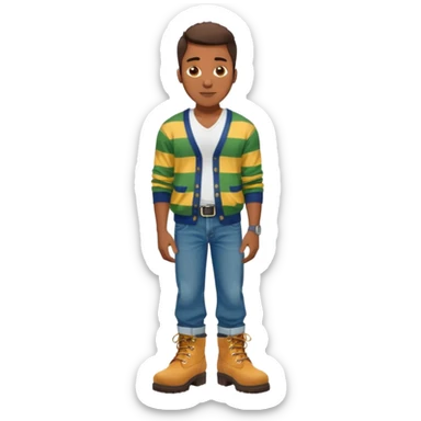 Handsome Black guy with brown skin tone, with lean muscular build, wearing baggy blue jeans, a white v-neck t-shirt, a yellow and green striped cardigan sweater, and timberland boots  sticker