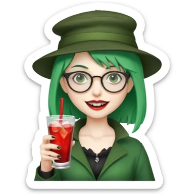 vampire green hair Drink holders with hat, wearing glasses, female,,teeth looks like vampire sticker