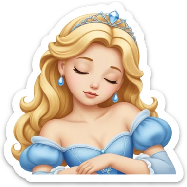 Cinematic Realistic Sleeping Cinderella Portrait, portrayed with exceptional realism: her luminous porcelain skin and exquisitely detailed golden-blonde hair lie softly under the gentle caress of natural light. Her eyes are peacefully closed in a serene, dreamlike slumber, and every fold and shimmer of her iconic ball gown is rendered with painstaking detail. The overall composition radiates a quiet, enchanting glow that encapsulates the timeless, restful beauty of a princess lost in a gentle, magical dream. sticker