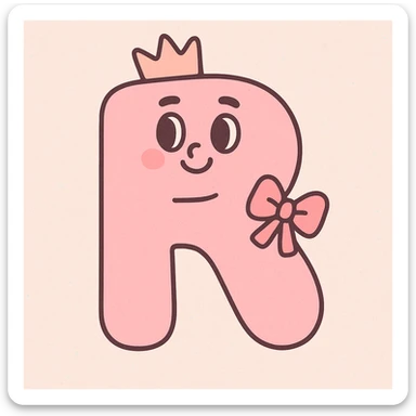 soft pastel illustration style pink letter R wearing a pink crown and a bow sticker