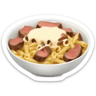 bowl of pasta with cream sauce and steak in top sticker