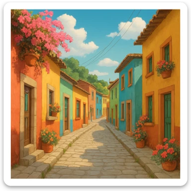 Ghibli style Mexican street with colorful houses and flowers sticker