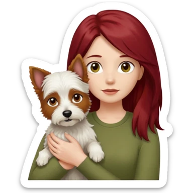 white terrier dog being held by woman with dark red long hair and hazel eye wearing olive green top sticker