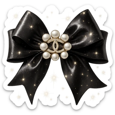 Add sparkling effects to the elegant bow with pearls and gold Chanel logo, glossy, black and white, realistic style, with a solid white background. The image should have a clean and solid white background to highlight the sparkling and glossy details in black and white. sticker