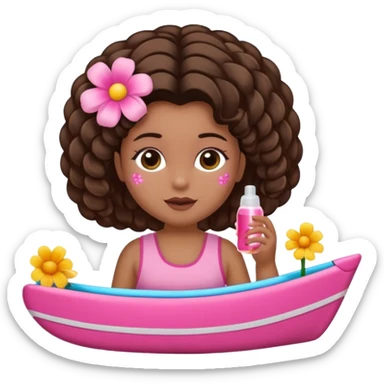 Uma menina com o cabelo cacheado com um Coque com baby hair, morena, e com uma regata rosa com um gloss na frente da regata ,com unha em gel,e com dinheiro na mão ,e com flores na outra mão,  sticker