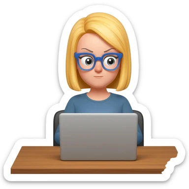 blonde women with blue glasses with a laptop. sticker