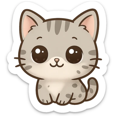 Cute emoji of a small gray cat with black spots, big shiny kawaii eyes, tiny pink nose, and a sweet smiling expression. Minimalist design, clean vector style, high resolution, soft pastel colors, with a transparent background. sticker