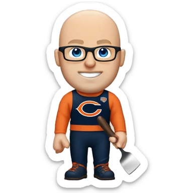 Bald man with glasses pale skin buff muscles blue eyes holding a steak and a spatula and wearing a Chicago bears shirt sticker