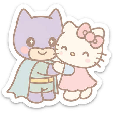batman and hello kitty hugging, kawaii style, very cute sticker