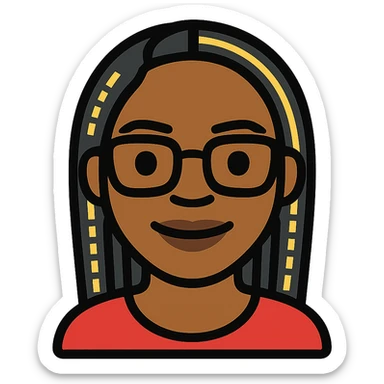 headshot emoji of Kemi Badenoch, glasses and braided hair, standing, minimal flat style, transparent background sticker
