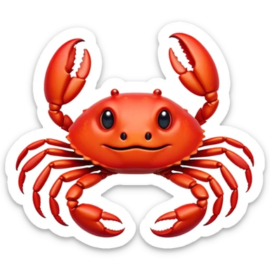 Cinematic Cute Red Crab Portrait Emoji, Head tilted playfully and inquisitively, featuring a compact, vibrant scarlet carapace with adorably small, expressive eyes and gentle, rounded pincers, Simplified yet irresistibly adorable features, highly detailed, glowing with a warm, friendly oceanic glow, high shine, affectionate and lively, stylized with a touch of seaside whimsy, soft glowing outline, capturing the essence of a mischievous yet loving red crab that seems as if it could pinch its way out of the screen into your arms! sticker