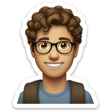Boy (age 21) with brown hair, freckless near chin and glasses on, with less curles, and a more goofy smile sticker