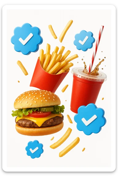 fast food realistico fluttua in aria insieme a spunte di verificato in 3d, sfondo bianco sticker