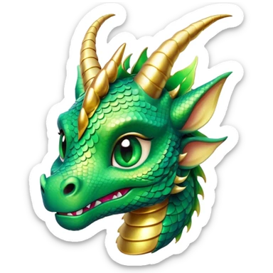 Cinematic Cute Dragon Portrait Emoji, Head tilted playfully and inquisitively, featuring a sleek, serpentine form adorned with iridescent scales that shift between emerald and gold, a delicate set of subtle horns, and round, sparkling eyes full of curious magic; rendered with realistic detail and warm natural light, high shine, affectionate and enchanting, styled with a touch of whimsical fantasy, soft glowing outline, capturing the essence of a mischievous yet lovable dragon that seems poised to slither playfully into your arms! sticker