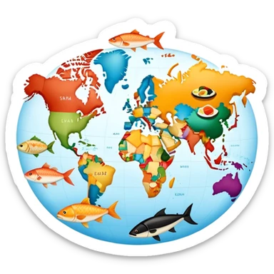 Icon for Culinary Tourism: a world map where the continents are made of various foods, like Fish - North America, sushi - Eurasia, tacos for South America, etc. The icon should represent global culinary exploration and travel. Transparent background. sticker