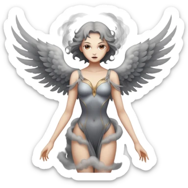 Winged woman standing motionless in smoke, restrained lust, infernal elegance sticker