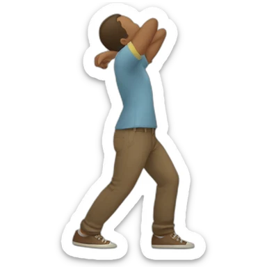 A person extending one arm straight out to the side while bowing their head into the opposite arm, with the other arm bent at the elbow sticker