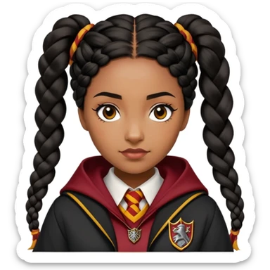 Angelina Johnson in harry potter, wear hogwarts gryfindor uniform,  thick, black hair worn in braids, reflecting her bold, stylish, and strong personality sticker