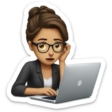 stressed out girl with brown hair and glasses staring at a laptop screen  sticker