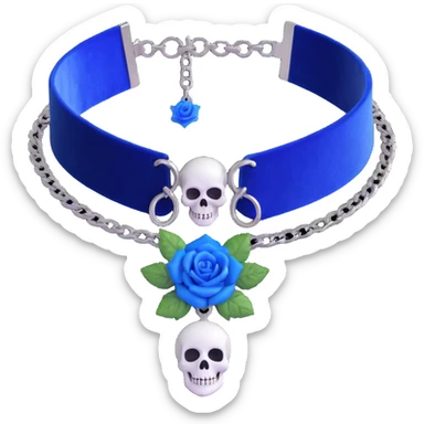 gothic choker with royal blue velvet band, silver skull charm, blue rose centerpiece, glowing white aura effect, dramatic and gothic sticker