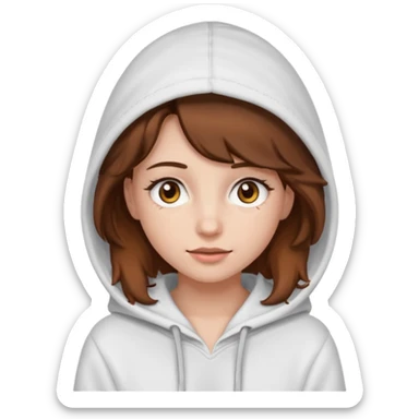 Una ragazza con una felpa semplice bianca,ha gli occhi marroni,i capelli marroni  , c’è gli ha lunghi e ricci ma non troppo e ha le ciglia stile emoji apple sticker