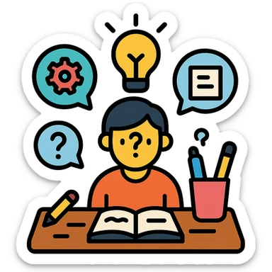 curious person at a desk, surrounded by floating idea bubbles with doodles and notes, glowing light bulb overhead, cozy workspace with creative supplies, color outline icon style, 4:5 aspect ratio sticker