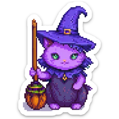 purple witch cat with a broom pixel art sticker