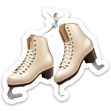 An icon showing elegant figure skates in close-up on a glossy ice surface, with a graceful skater performing in the background. The scene is set inside a grand indoor ice arena with spotlights, decorative banners, and a cheering audience. Transparent background. sticker