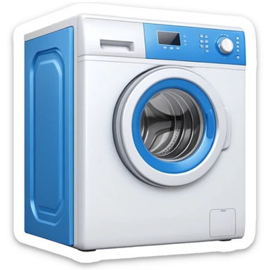 white washing machine with blue door and control panel sticker