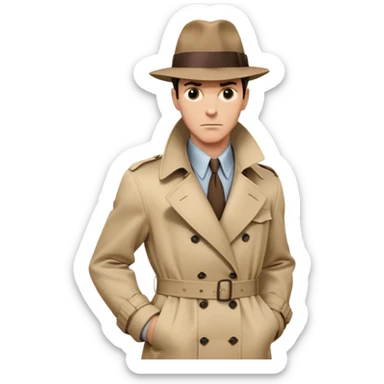 A classic cartoon-style image of Detective Casey, a tall, lean anthropomorphic character dressed in a 1940s-style detective outfit. He wears a beige trench coat, a fedora hat tilted slightly forward, and dark slacks. His expression is focused and determined, with sharp eyes and a furrowed brow. One hand holds a magnifying glass, and the other is tucked into his coat pocket. The background is a misty city street or a plain white to highlight his noir detective vibe. sticker