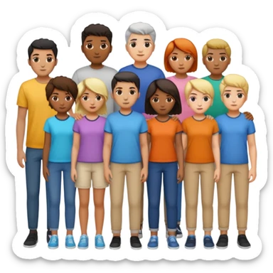 14 personagens de diferentes tons de pele e estilos de cabelo, vestindo roupas casuais em diferentes cores, todos agrupados lado a lado sticker