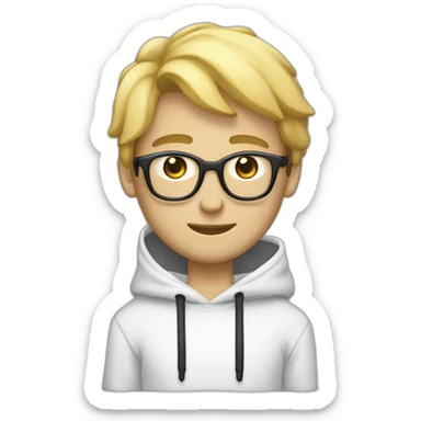 eenager with blond hair.  He is cross-eyed and wears black glasses.  He is also wearing a white hooded sweatshirt.  he has black eyes and a long face.  this guy is skinny and has a long neck sticker