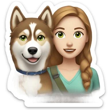 White Woman hair brown and bleus eyes and golden Husky With green eyes sticker