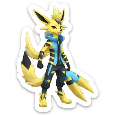 Anthro Edgy Cool Zeraora-Jolteon-Pokémon-Fakémon with shiny blue stripes Full Body Detailed High Quality sticker