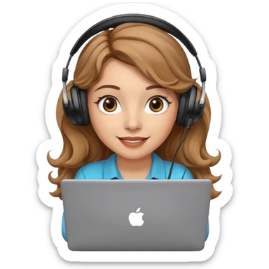 Women in front of laptop with a happy face, light brown wavy hair, light brown big eyes, light skin with a iced coffee on the side sticker