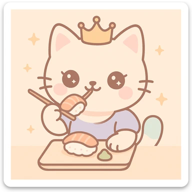 princess cat eating sushi, elegant crown, cute expression, detailed fur, vibrant colors sticker