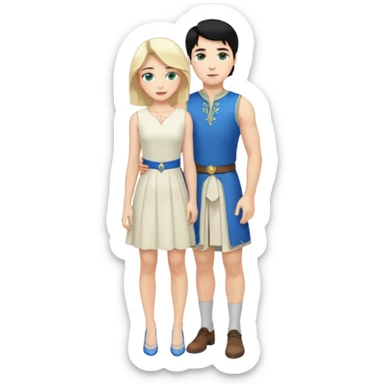 prince, standing upright, black Hair, blue eyes, garment,  woman, bending knee, white sleveless dress, blonde hair, green eyes, sticker