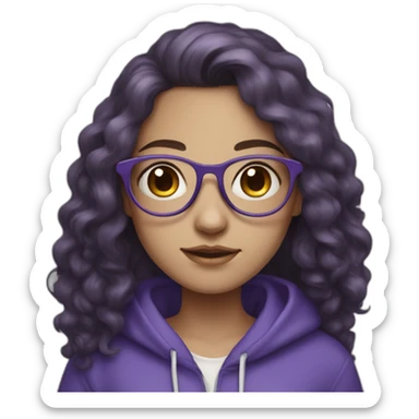 full length girl in a purple hoodie, glasses with big blue eyes and white skin and curly dark browny long hair sticker