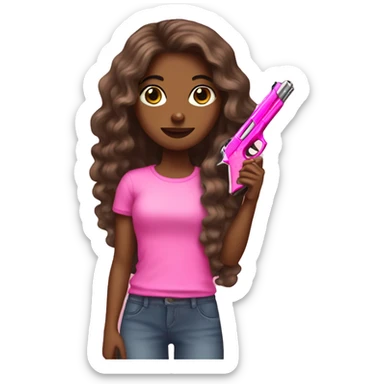 Long hair brown Girl hand pink nails holding pink gun sticker