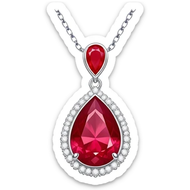 teardrop ruby pendant on silver chain, surrounded by white stones and radiant aura sticker