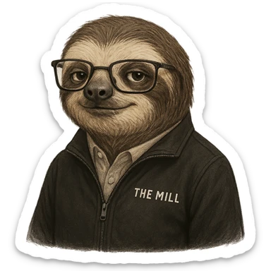a very technical and business savvy sloth wearing a black jacket with 'The Mill' logo, professional and clever expression sticker